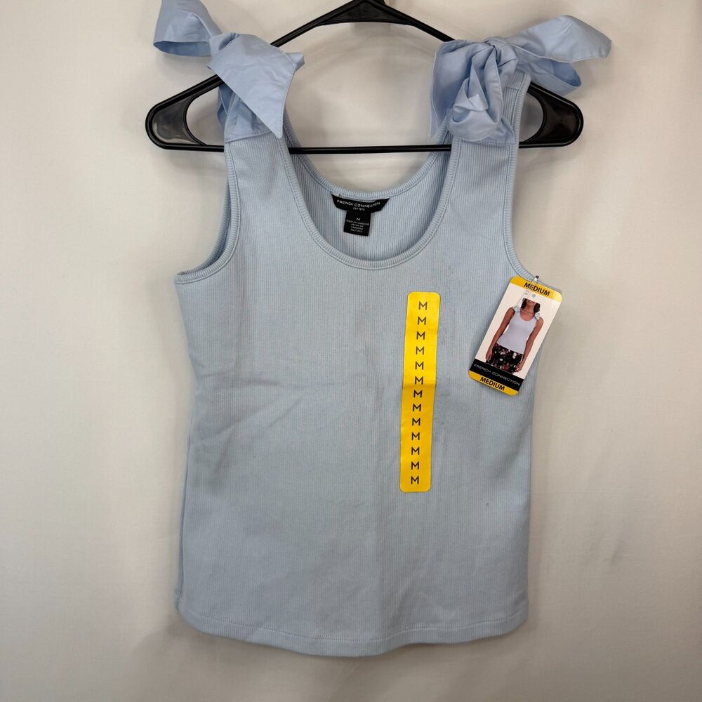 Size M French Connection Bow Tank Top NWT Ribbed Cotton Tie Shoulder Light Blue
